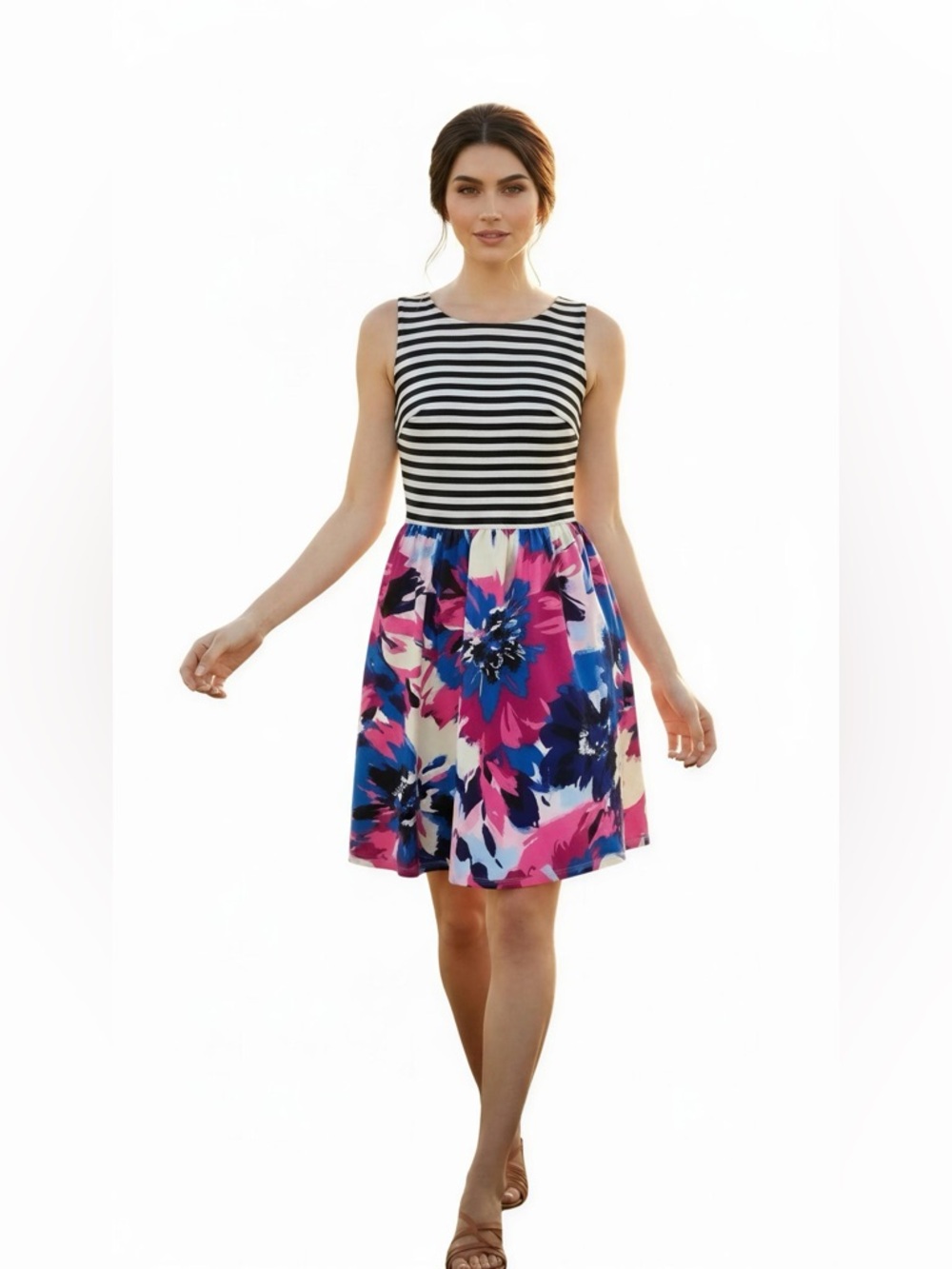 London Times Black & White Striped Bodice with Pink and Blue Floral Midi Dress S